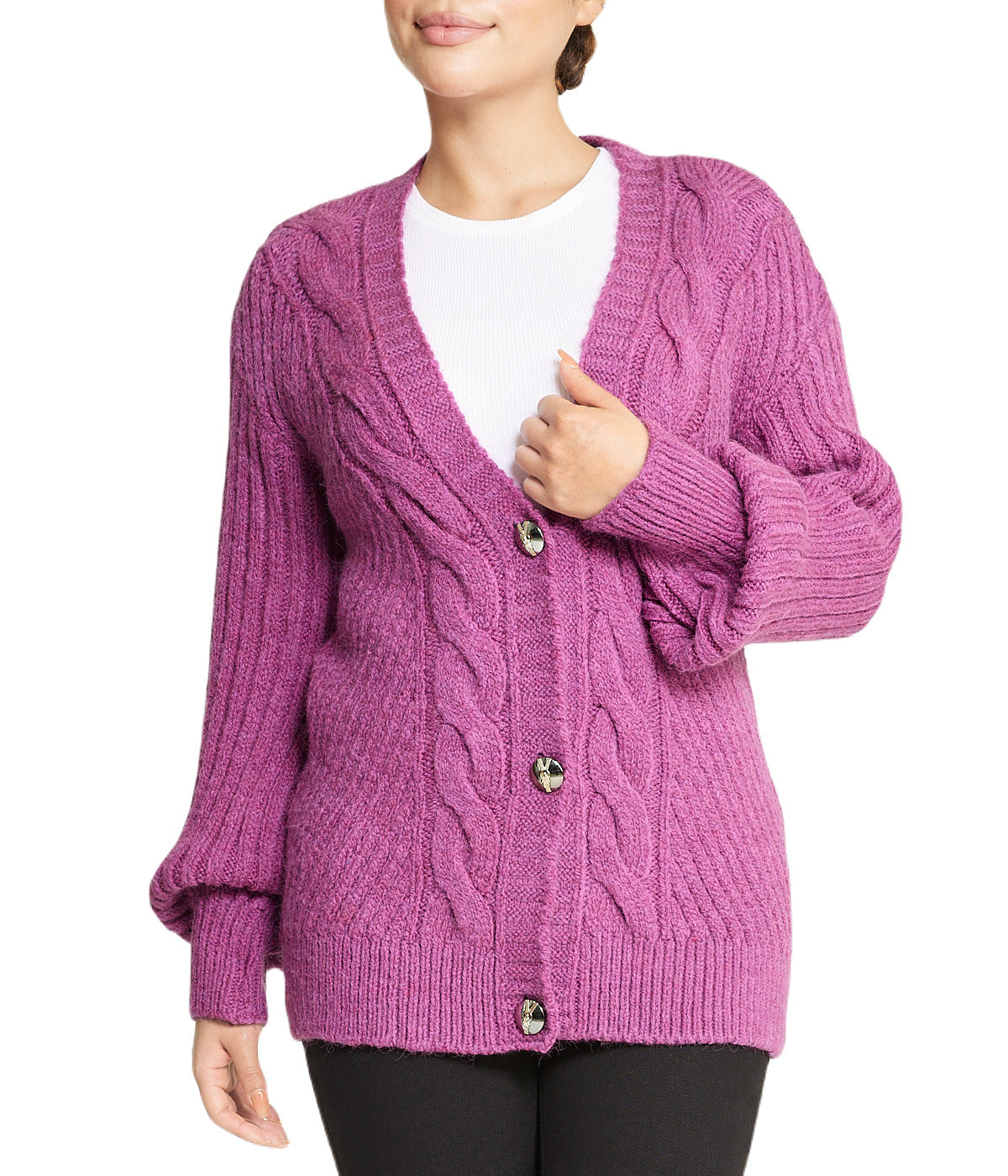  Miss Poeym Deep V Cable Cardigan - Purple - Bonton