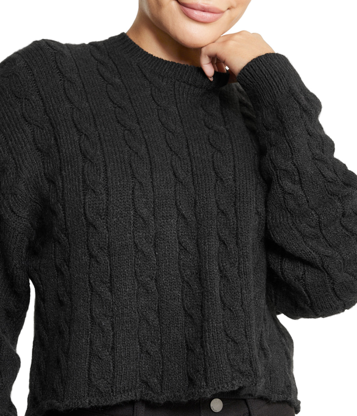  Miss Poeym Cropped Boxy Cable Knit Sweater - Black - Bonton