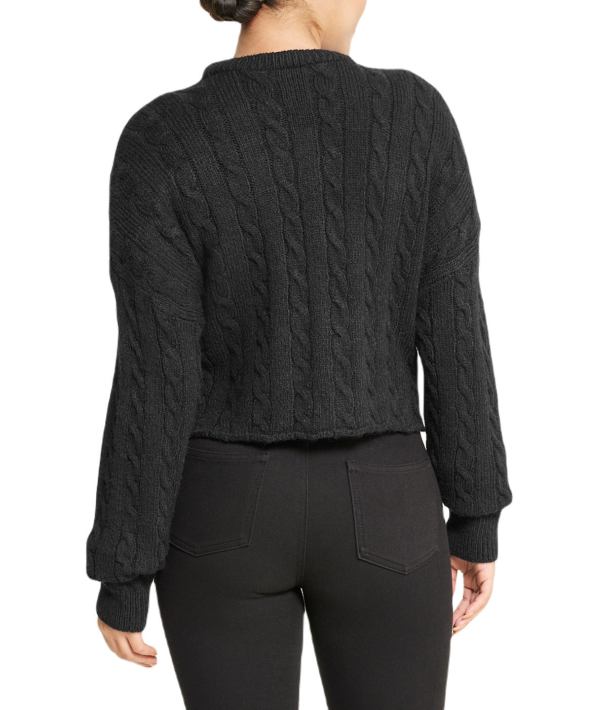  Miss Poeym Cropped Boxy Cable Knit Sweater - Black - Bonton