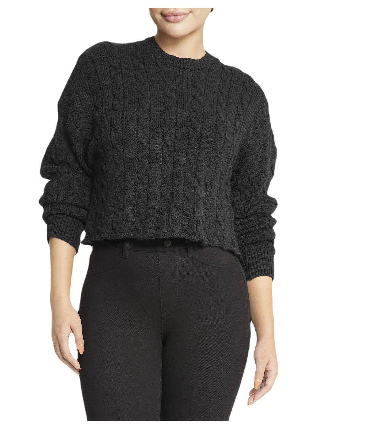  Miss Poeym Cropped Boxy Cable Knit Sweater - Black - Bonton