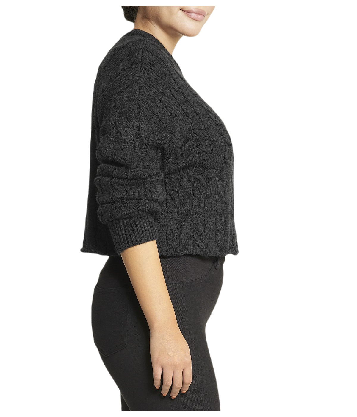  Miss Poeym Cropped Boxy Cable Knit Sweater - Black - Bonton