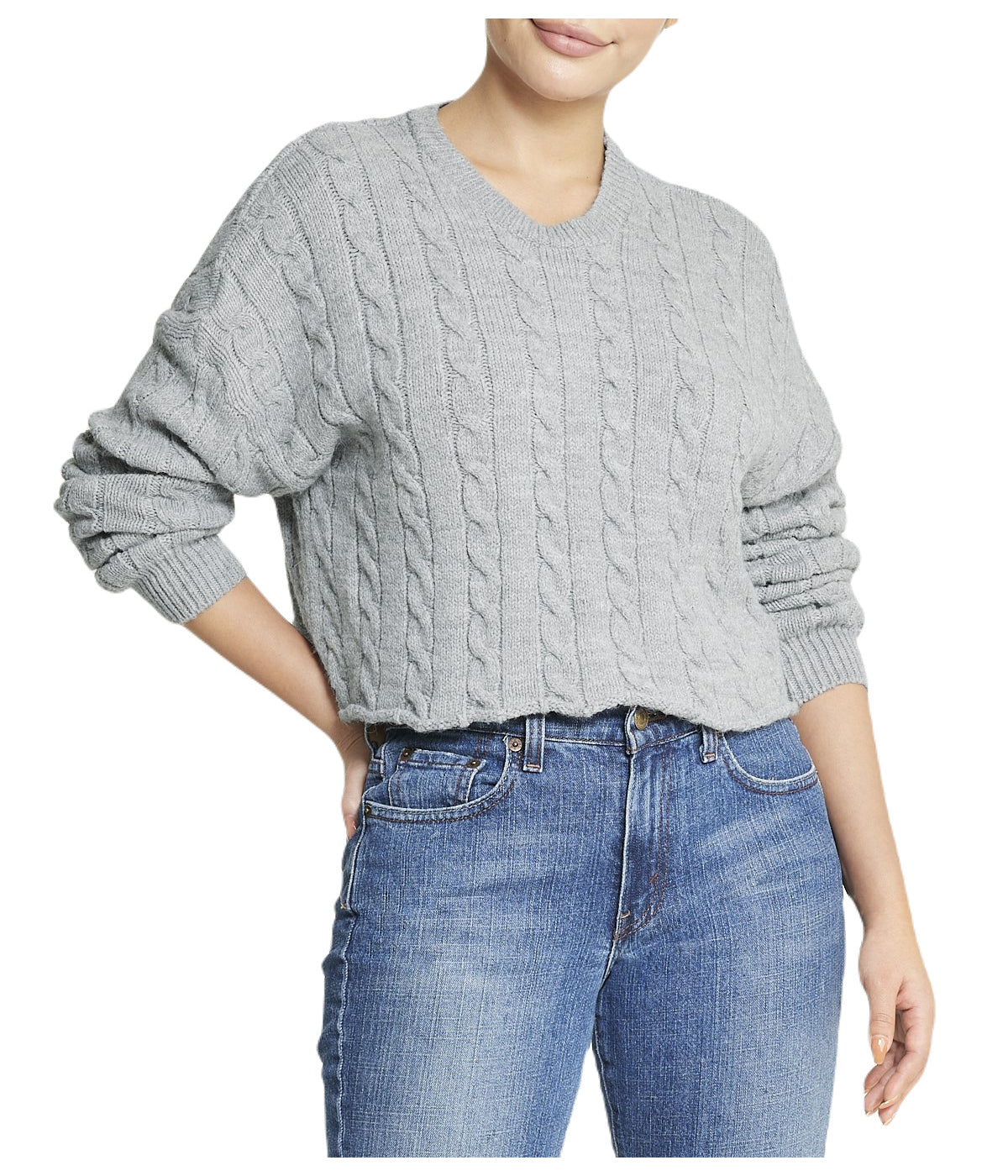  Miss Poeym Cropped Boxy Cable Knit Sweater - Grey - Bonton