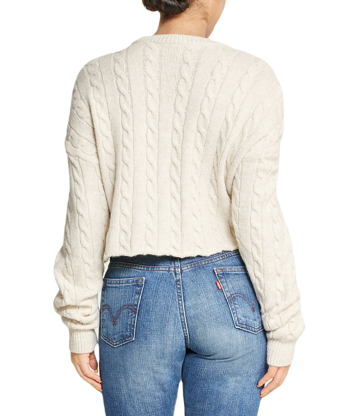  Miss Poeym Cropped Boxy Cable Knit Sweater - Natural - Bonton