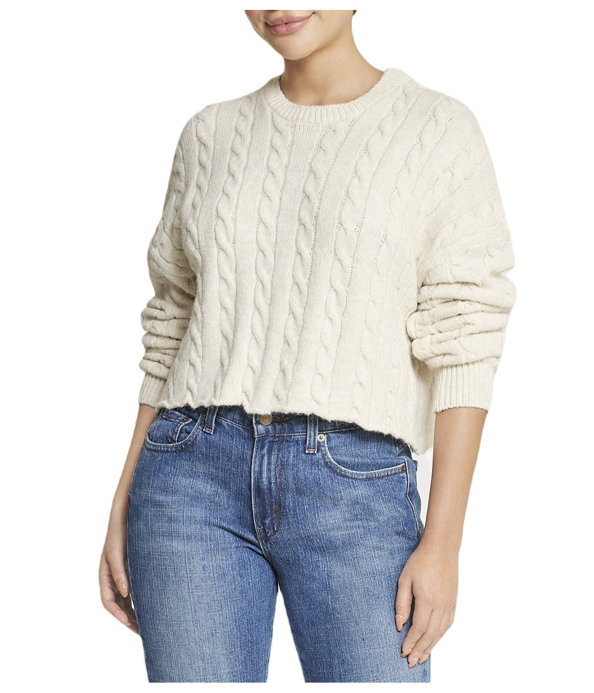  Miss Poeym Cropped Boxy Cable Knit Sweater - Natural - Bonton