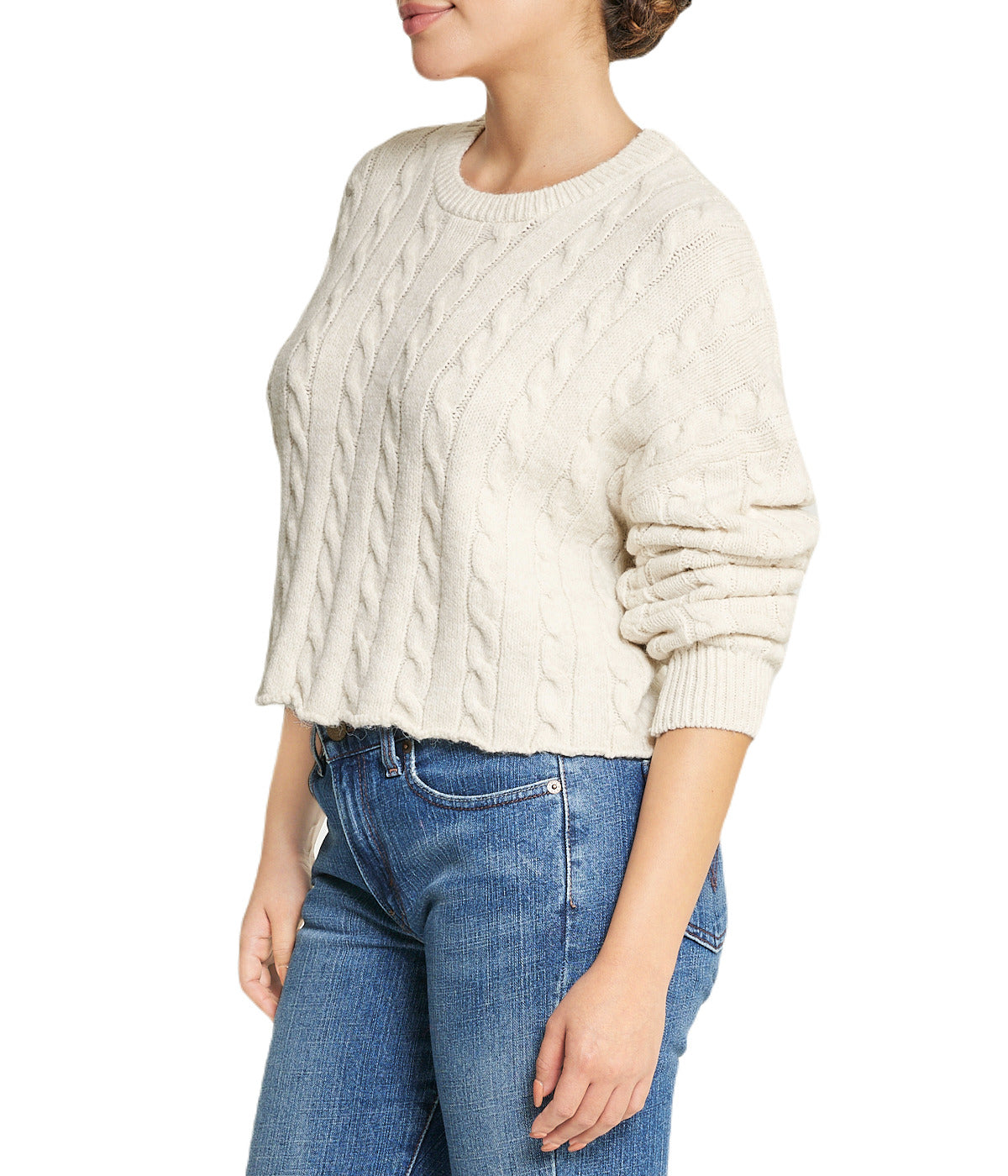  Miss Poeym Cropped Boxy Cable Knit Sweater - Natural - Bonton