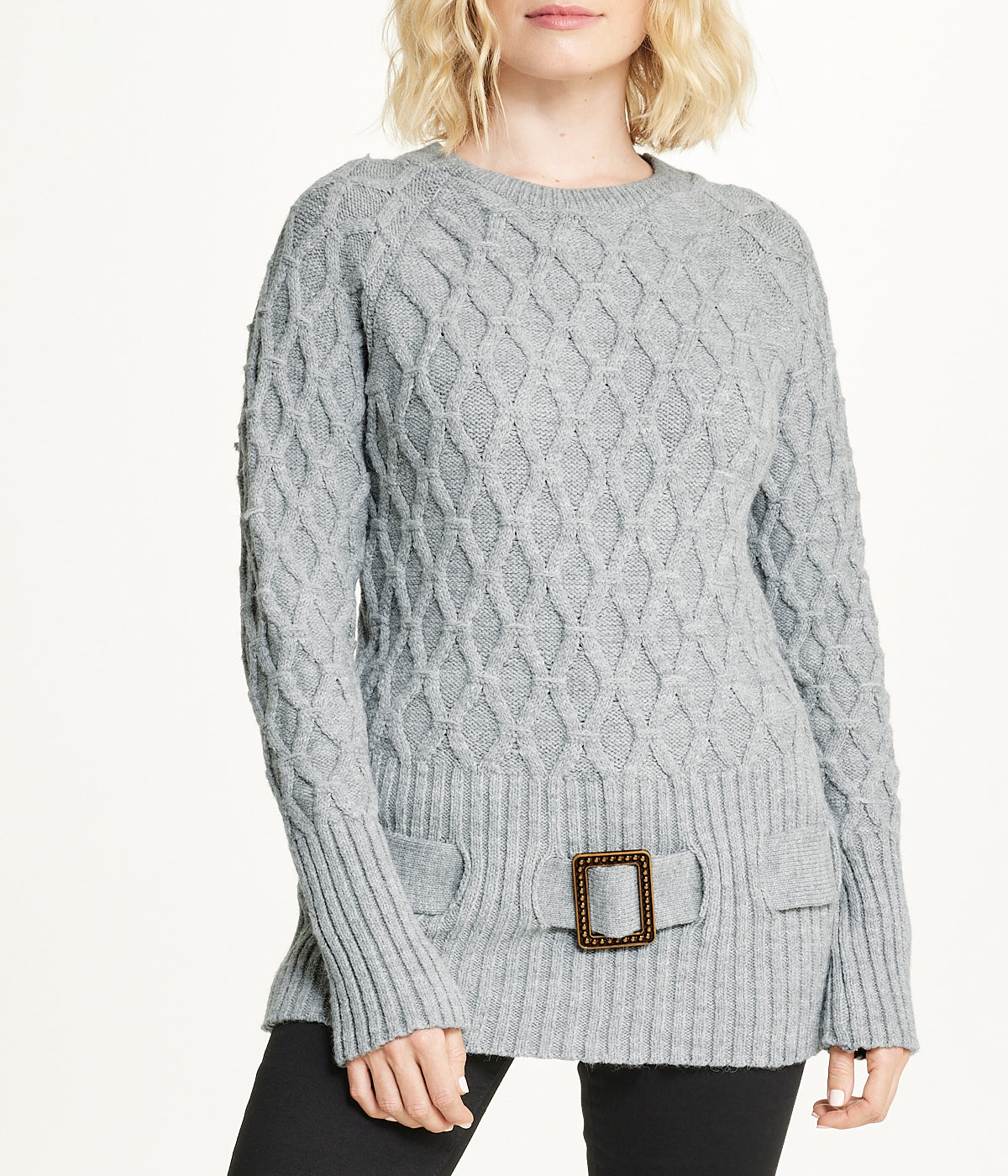  Miss Poeym Diamond Belted Tunic Sweater - Grey - Bonton