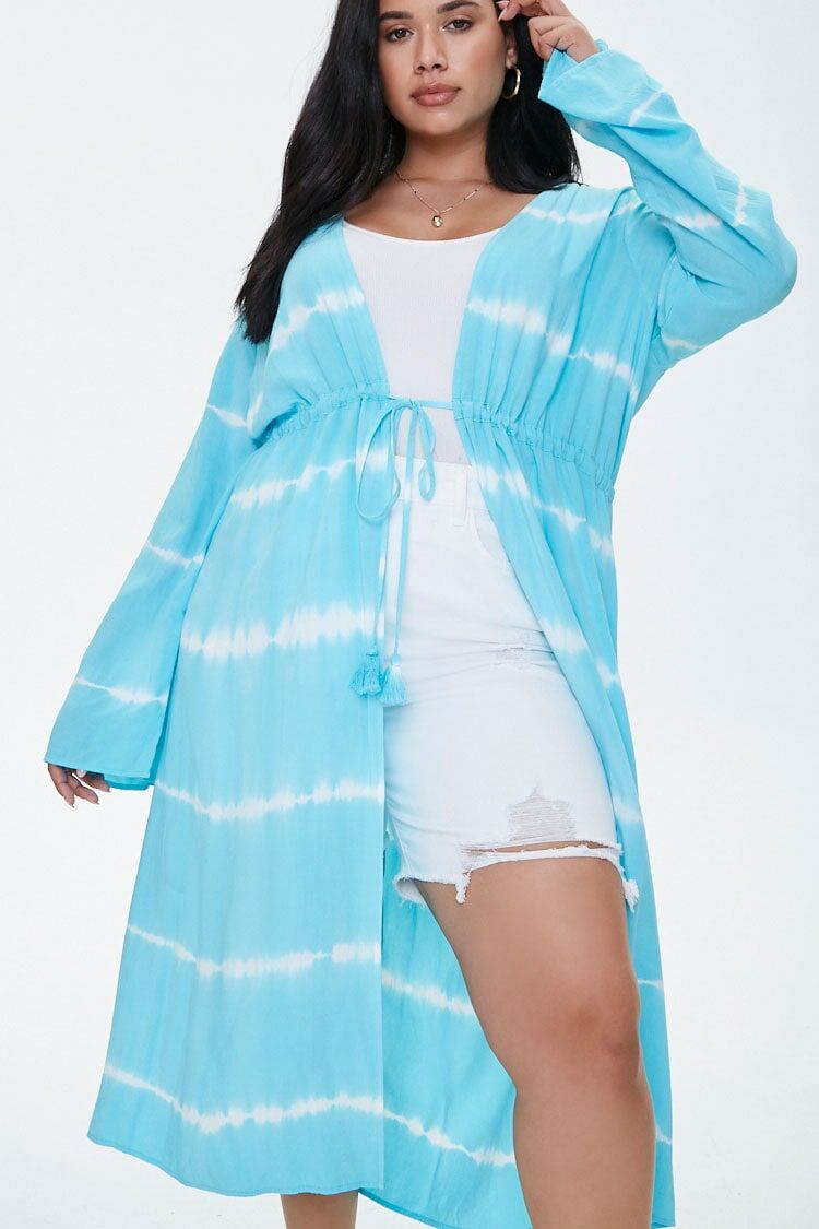  Forever 21 Plus Size Tie-Dye Kimono - aqua-white-swatch - Bonton