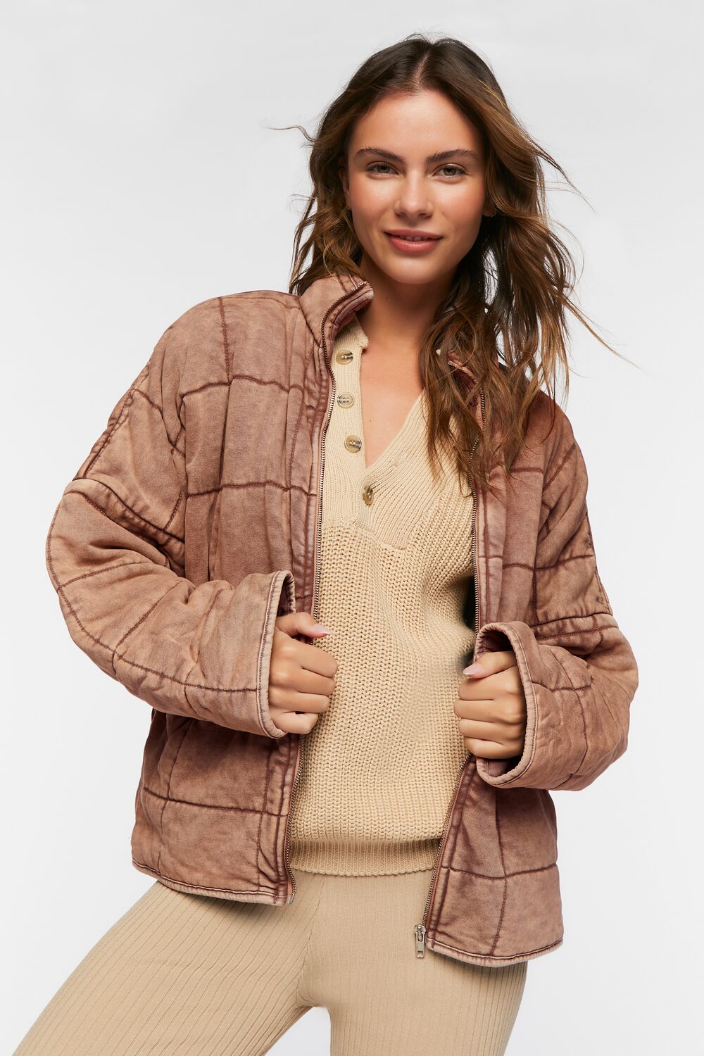  Forever 21 Quilted Zip-Up Jacket - avocado-swatch - Bonton