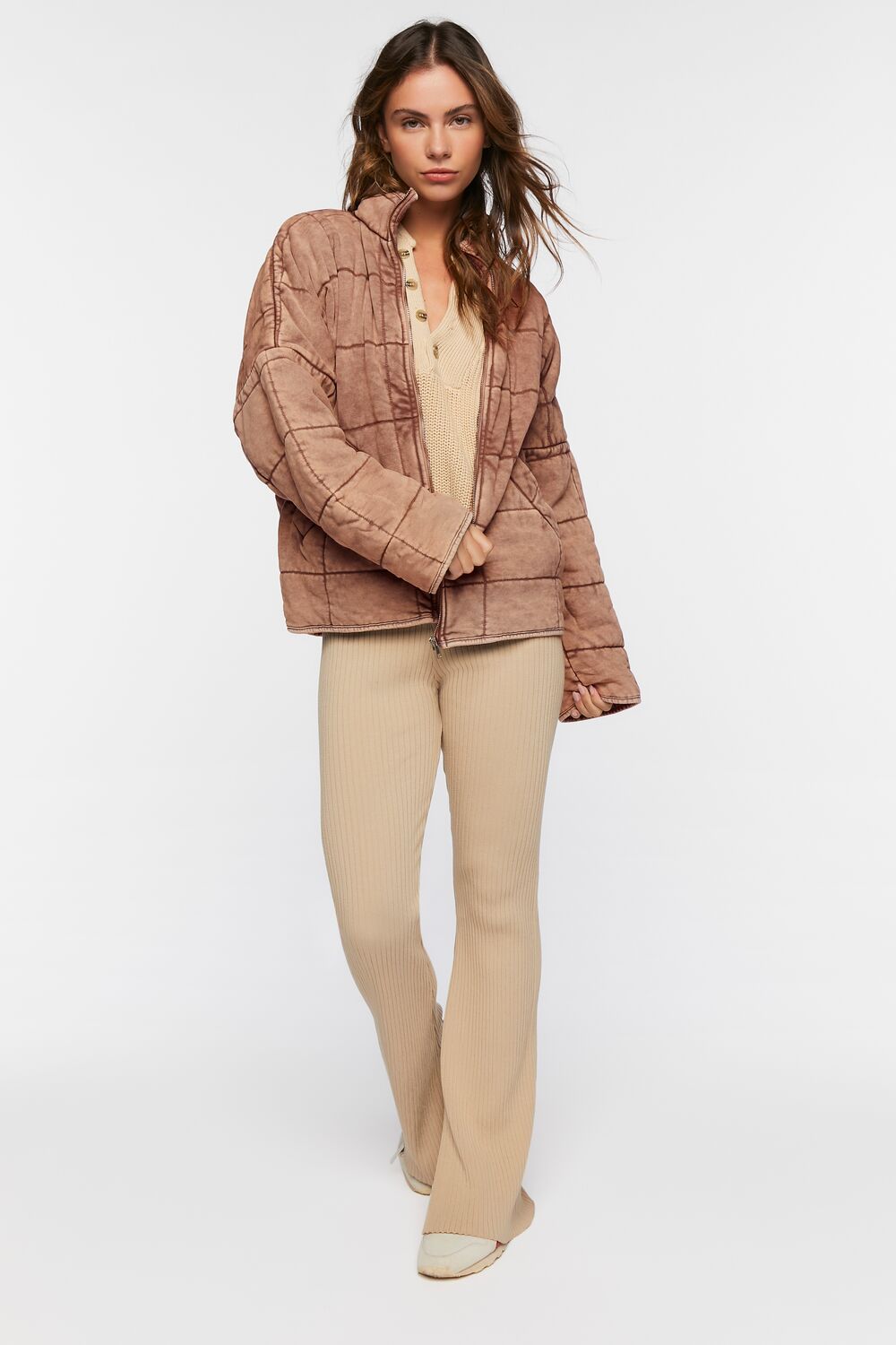  Forever 21 Quilted Zip-Up Jacket - avocado-swatch - Bonton