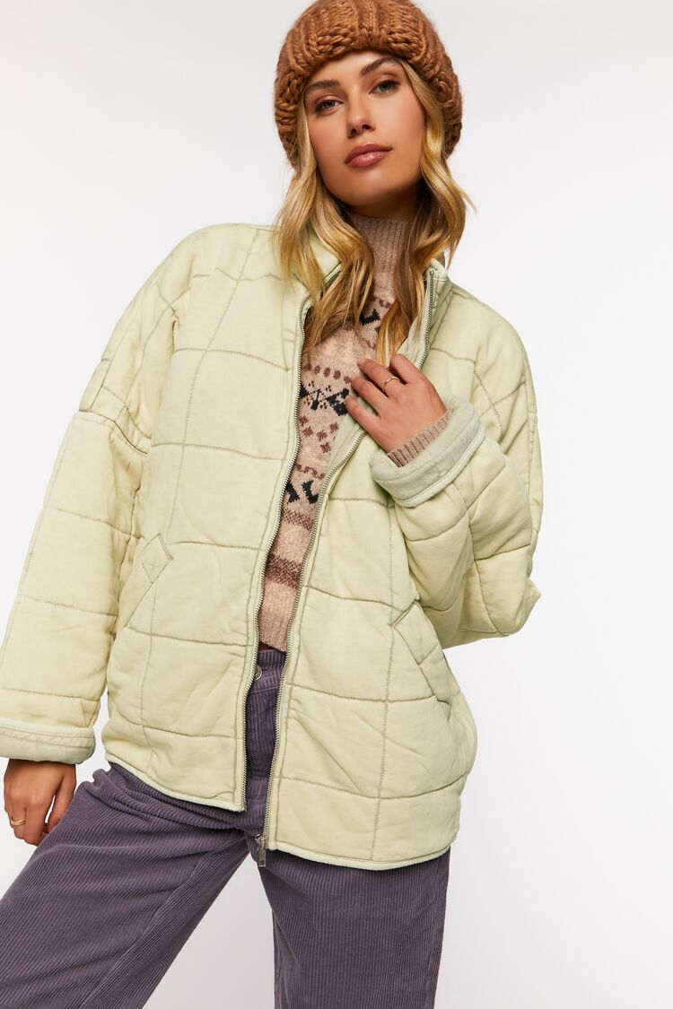  Forever 21 Quilted Zip-Up Jacket - avocado-swatch - Bonton