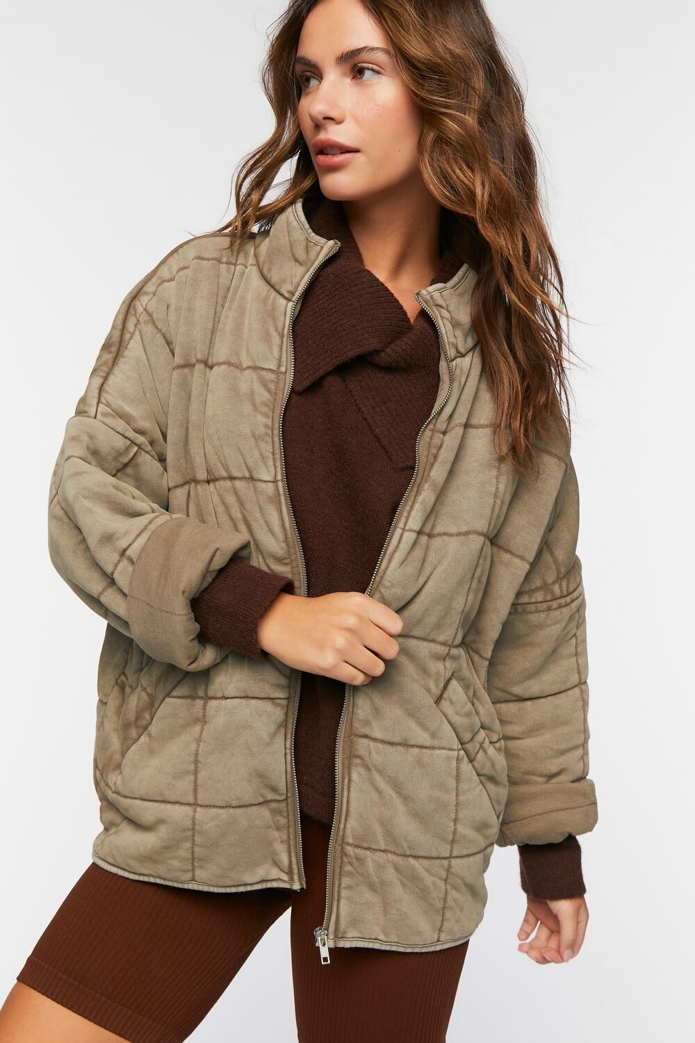  Forever 21 Quilted Zip-Up Jacket - avocado-swatch - Bonton