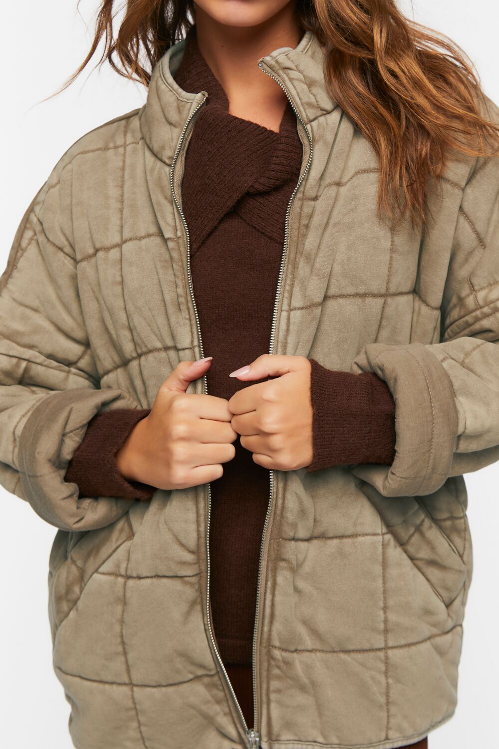  Forever 21 Quilted Zip-Up Jacket - avocado-swatch - Bonton