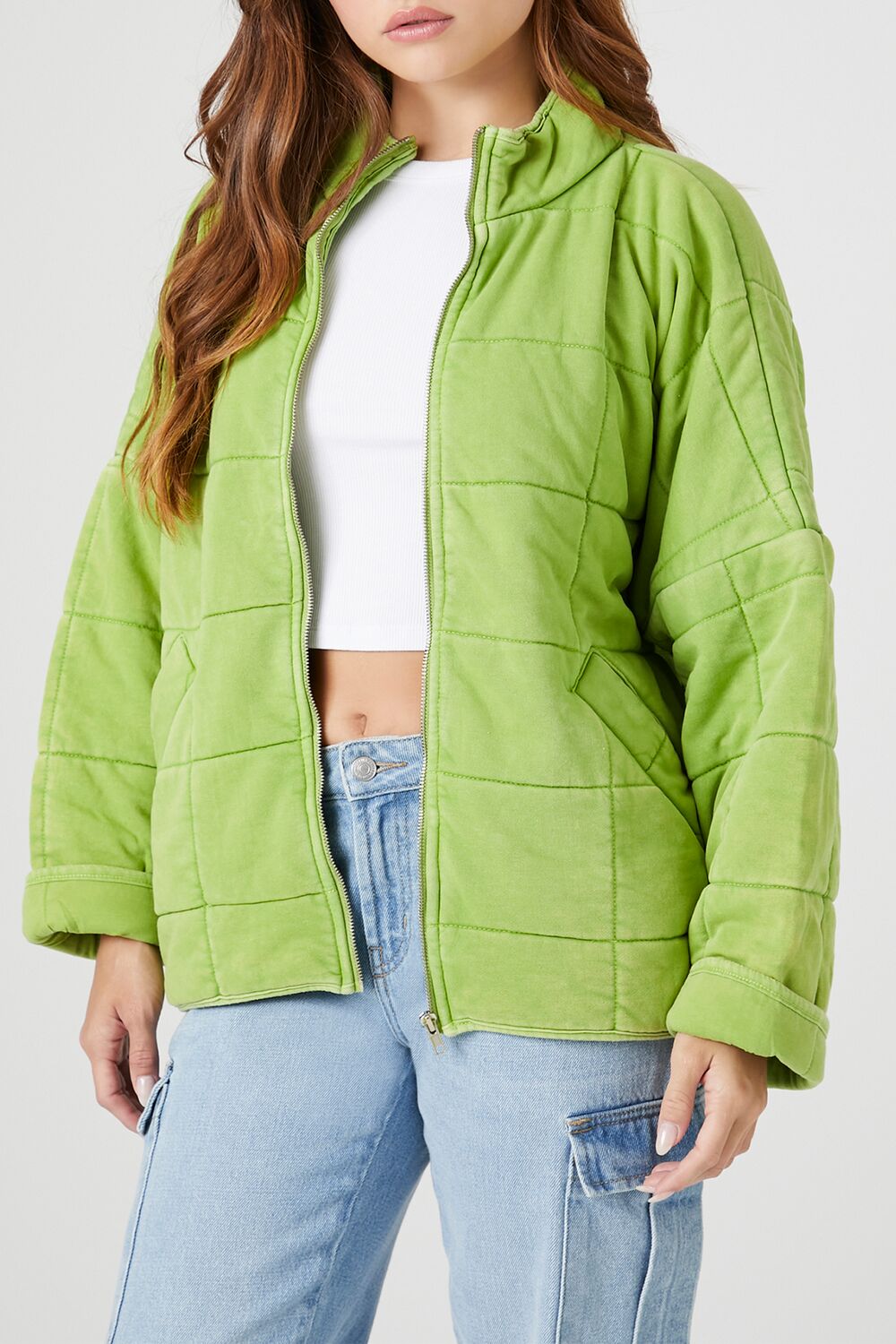  Forever 21 Quilted Zip-Up Jacket - avocado-swatch - Bonton