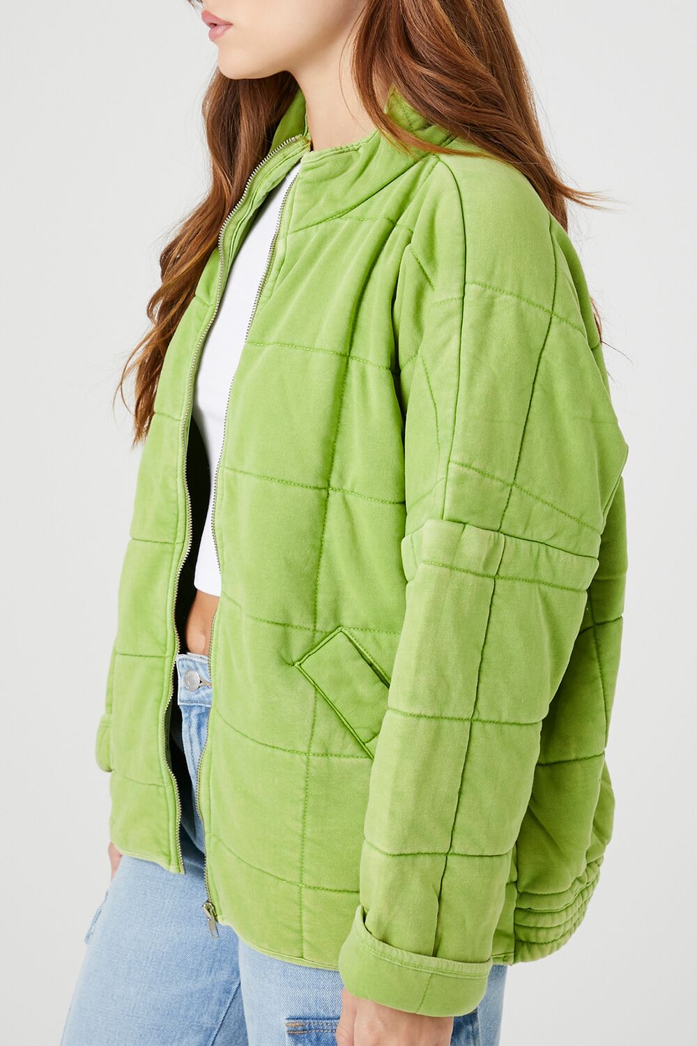  Forever 21 Quilted Zip-Up Jacket - avocado-swatch - Bonton
