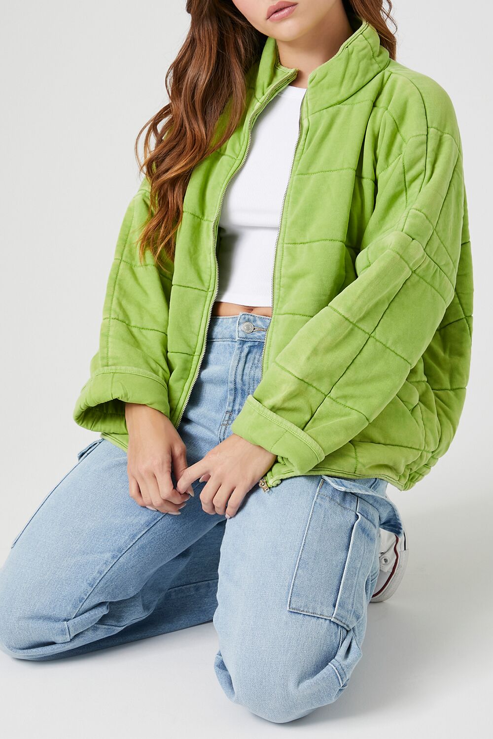  Forever 21 Quilted Zip-Up Jacket - avocado-swatch - Bonton