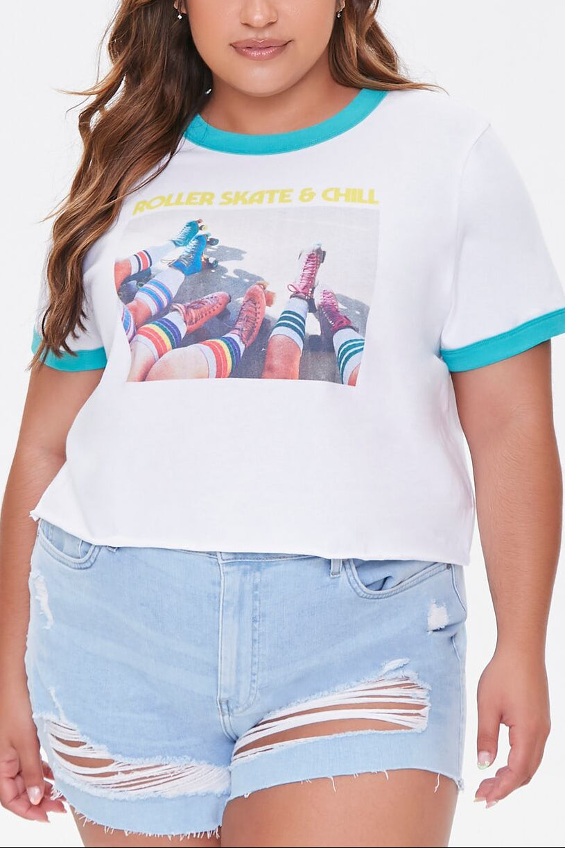  Forever 21 Plus Size Moxi Skates Ringer Tee - white multi - Bonton