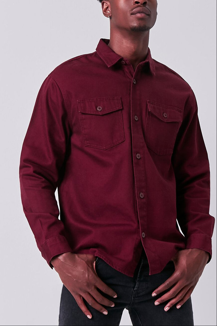  Forever 21 Long Sleeve Dual-Pocket Shirt - burgundy - Bonton