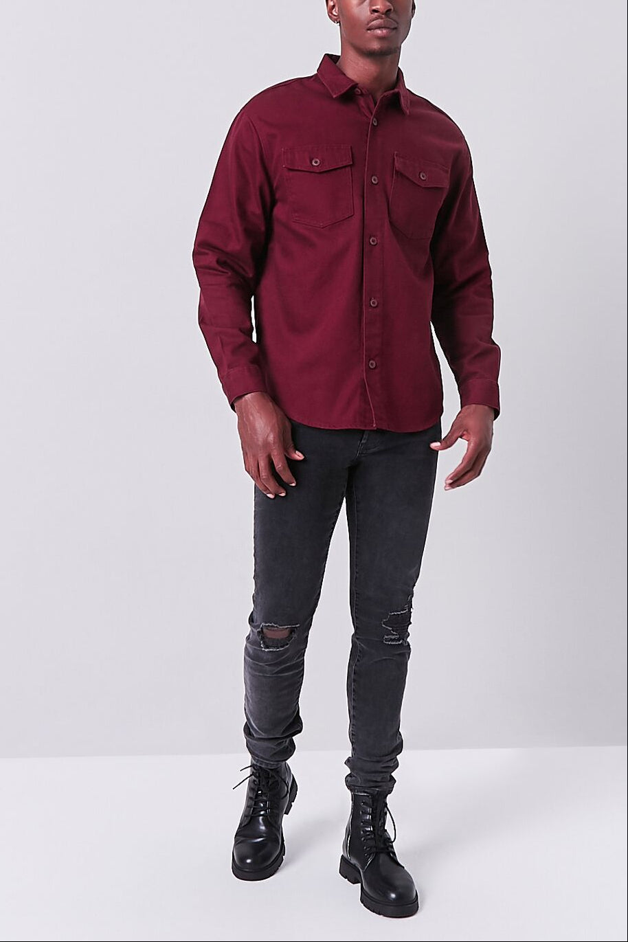  Forever 21 Long Sleeve Dual-Pocket Shirt - burgundy - Bonton