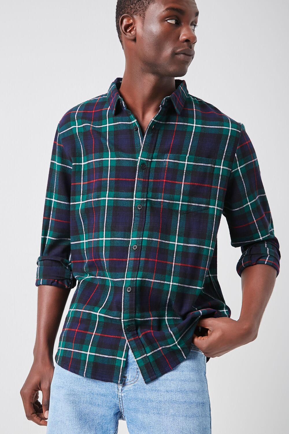  Forever 21 Plaid Button-Front Flannel Shirt - green multi - Bonton