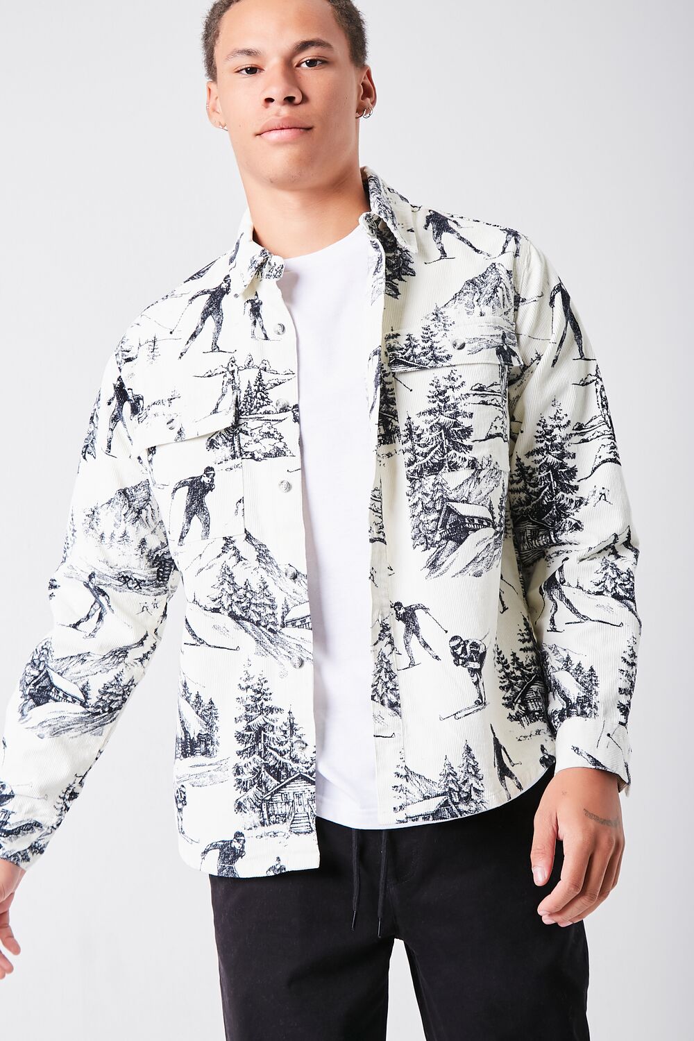  Forever 21 Landscape Print Corduroy Shirt - cream black - Bonton