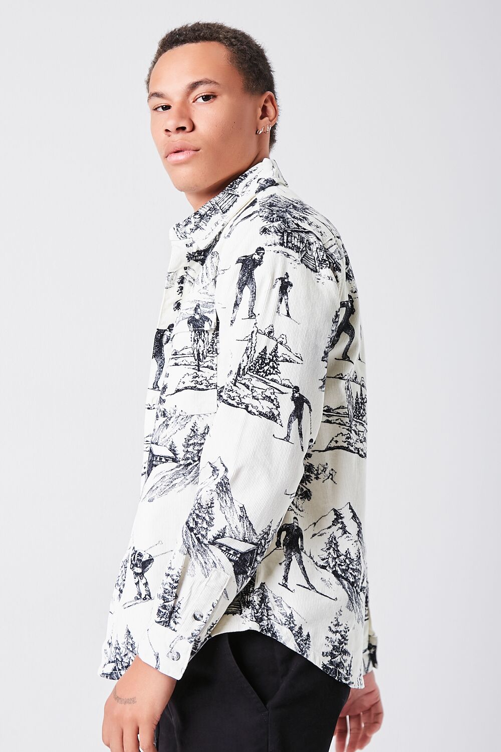  Forever 21 Landscape Print Corduroy Shirt - cream black - Bonton