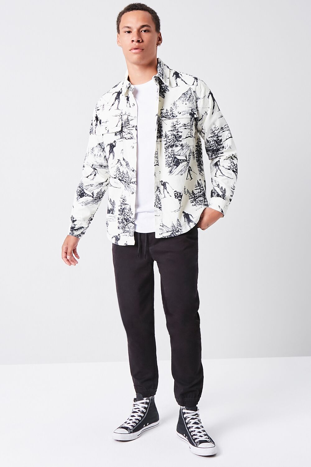  Forever 21 Landscape Print Corduroy Shirt - cream black - Bonton
