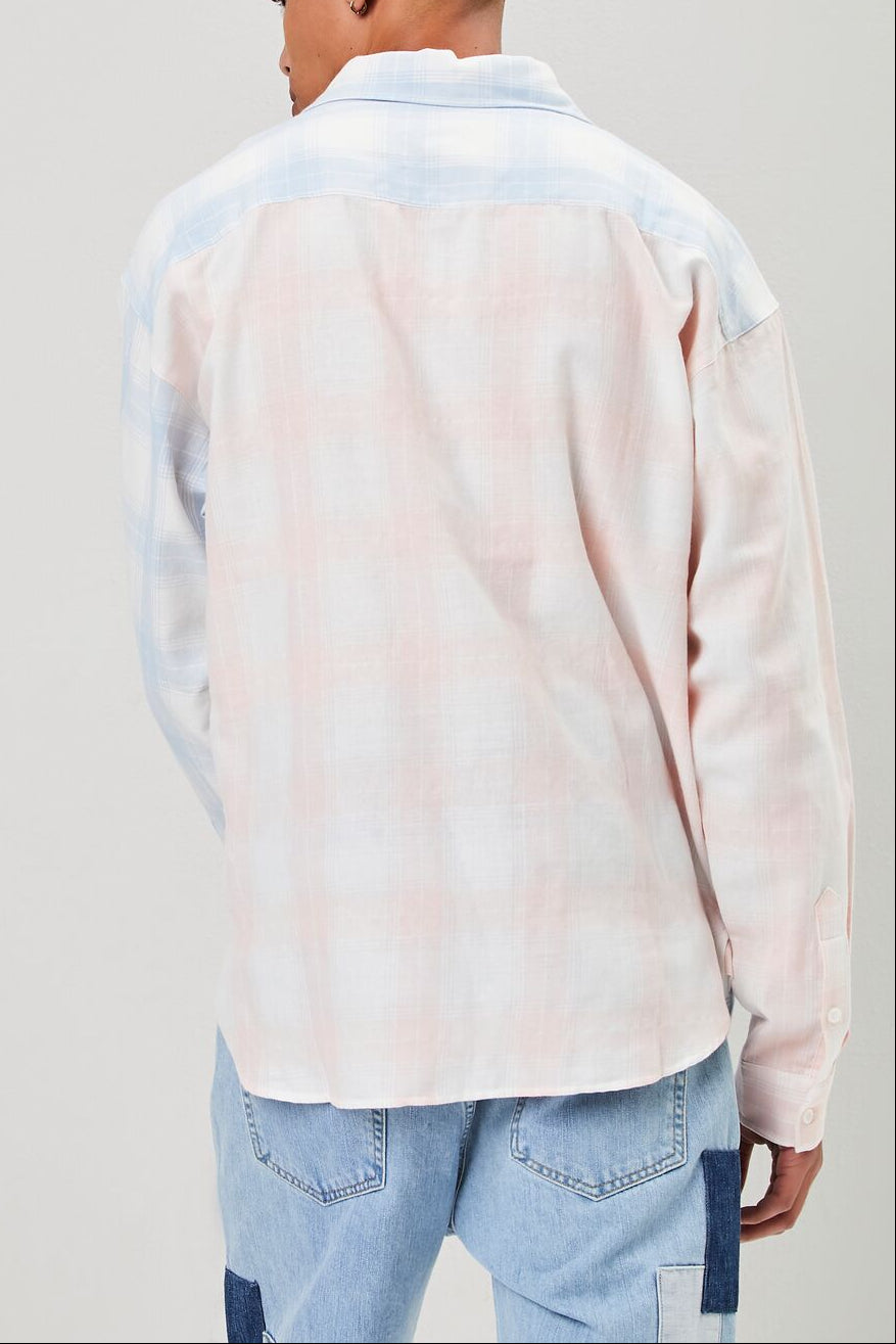  Forever 21 Reworked Plaid Button-Front Shirt - light pink blue - Bonton