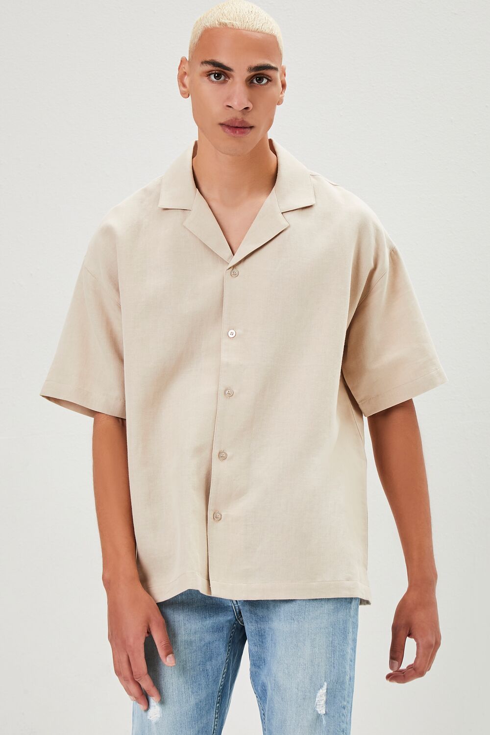  Forever 21 Cuban Collar Linen-Blend Shirt - taupe - Bonton