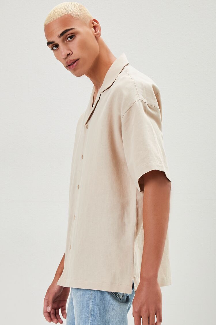  Forever 21 Cuban Collar Linen-Blend Shirt - taupe - Bonton