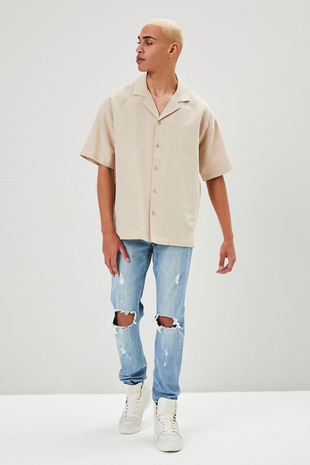  Forever 21 Cuban Collar Linen-Blend Shirt - taupe - Bonton