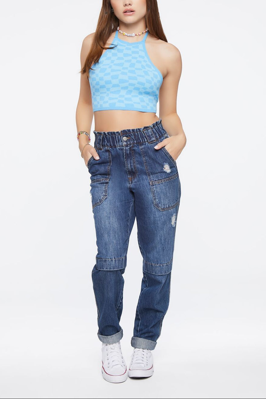  Forever 21 Checkered Sweater-Knit Halter Top - blue multi - Bonton