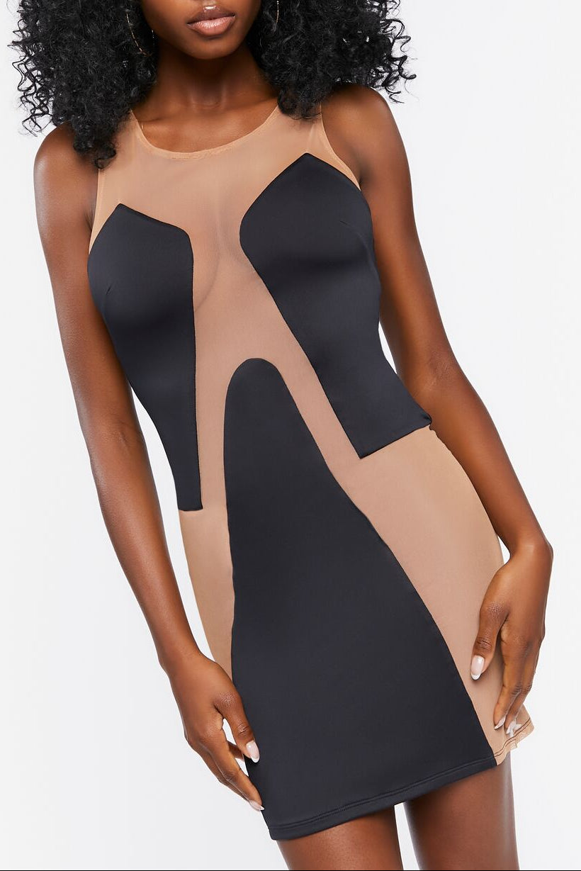  Forever 21 Mesh Panel Mini Dress - black-nude - Bonton