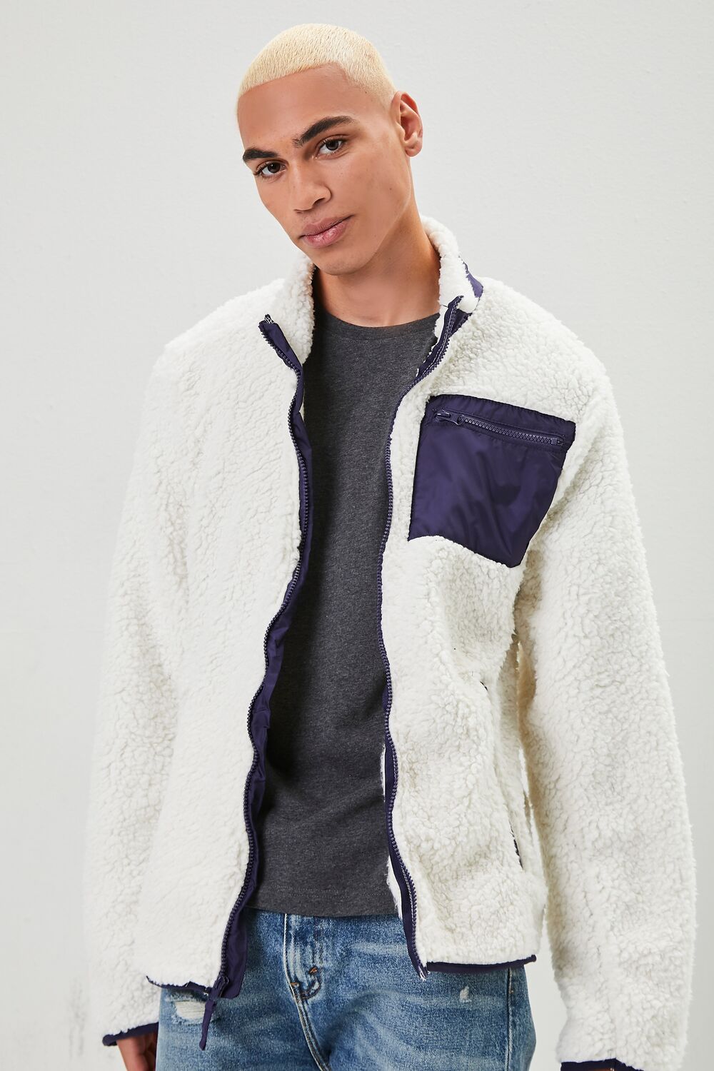  Forever 21 Faux Shearling Zip-Up Jacket - white - Bonton