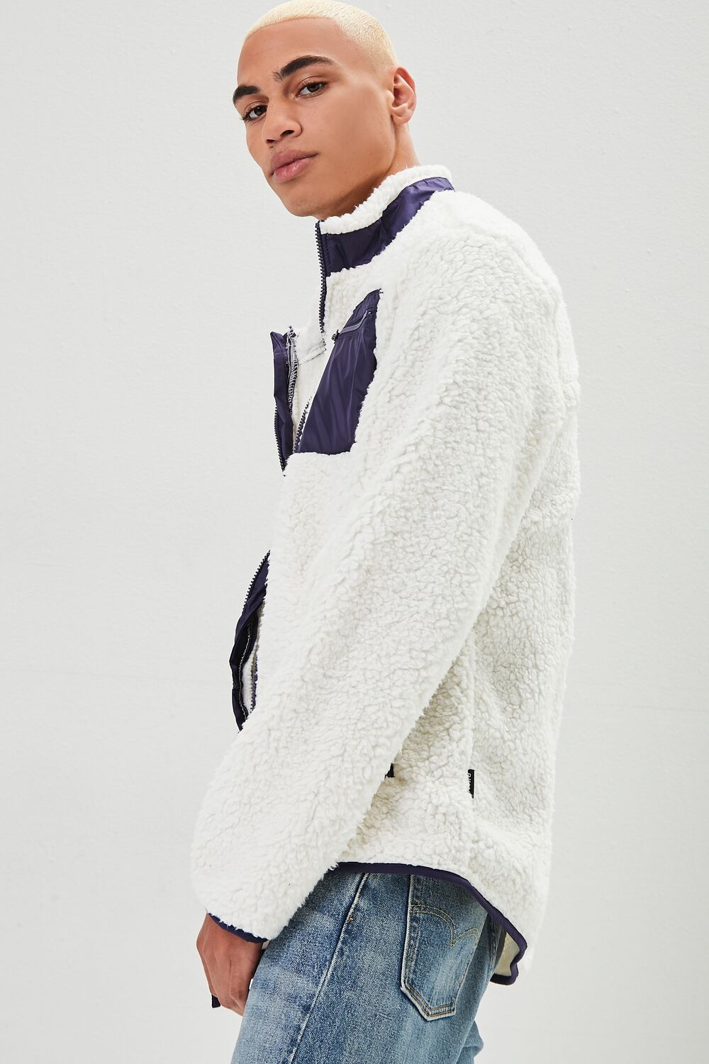  Forever 21 Faux Shearling Zip-Up Jacket - white - Bonton