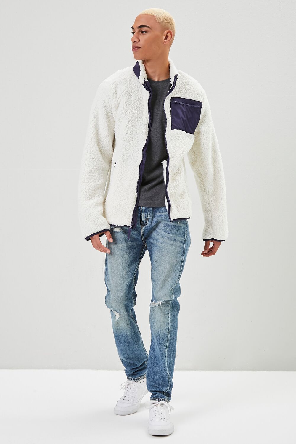  Forever 21 Faux Shearling Zip-Up Jacket - white - Bonton