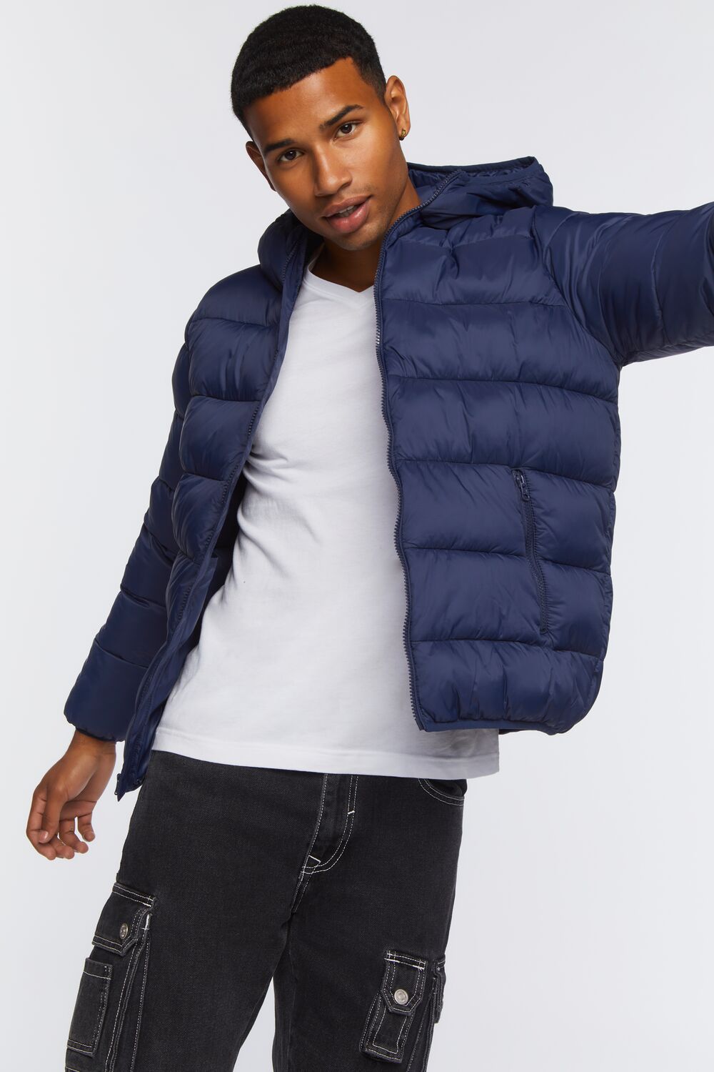 Forever 21 Hooded Zip-Up Puffer Jacket - navy-swatch - Bonton
