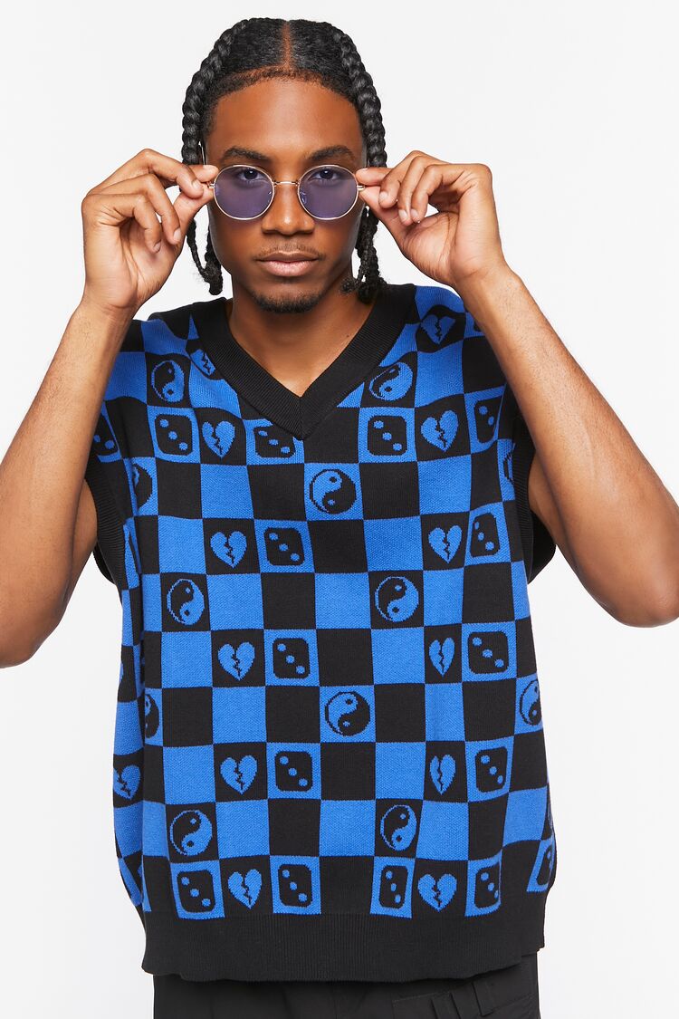  Forever 21 Checkered Yin Yang Sweater Vest - black blue - Bonton