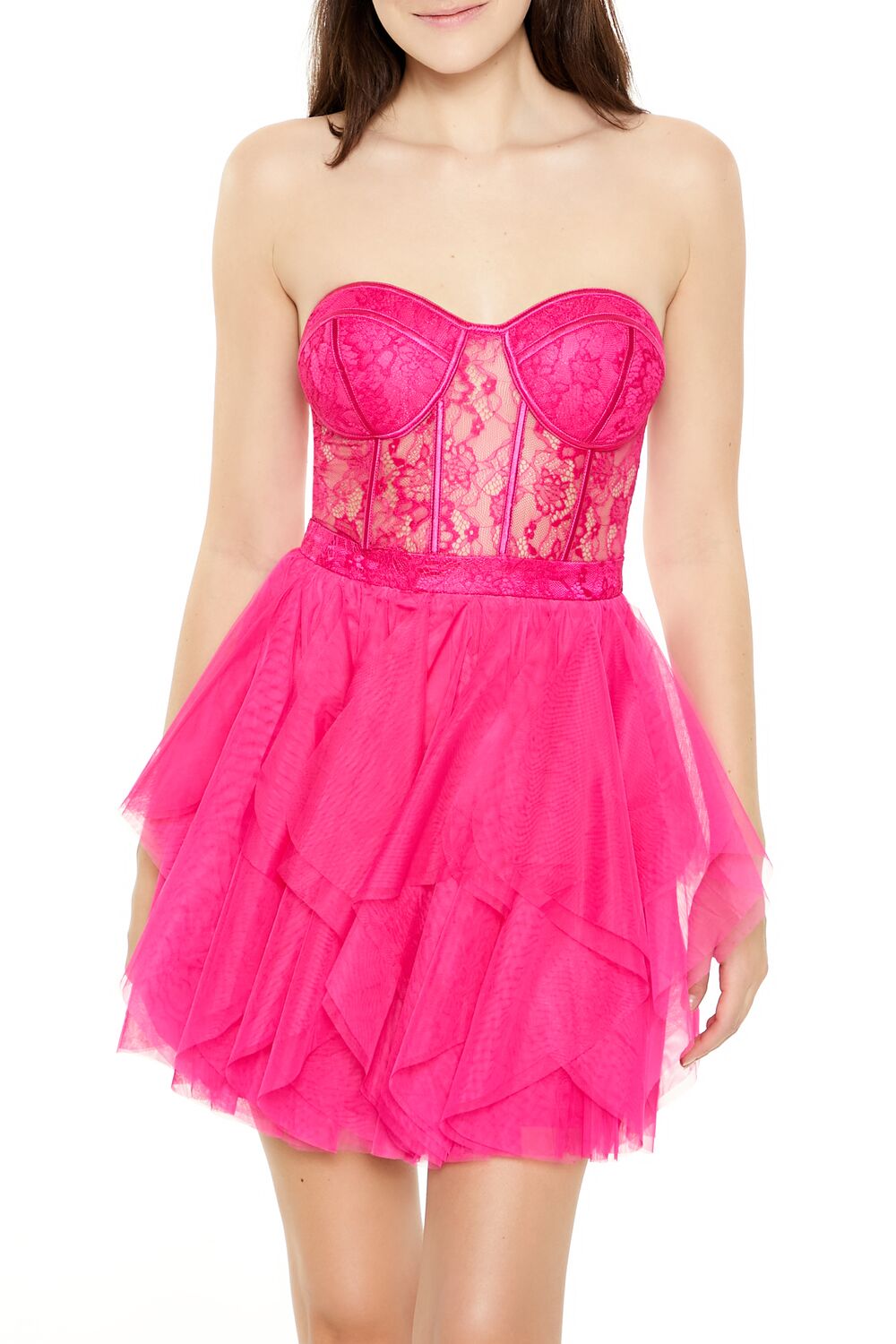  Forever 21 Lace & Tulle Bustier Mini Dress - hot-pink-swatch - Bonton
