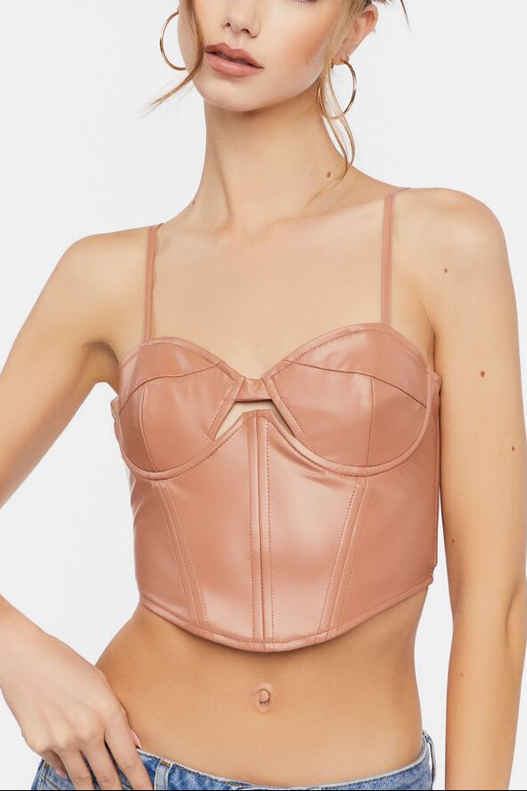  Forever 21 Faux Leather Cutout Bustier Top - cocoa - Bonton