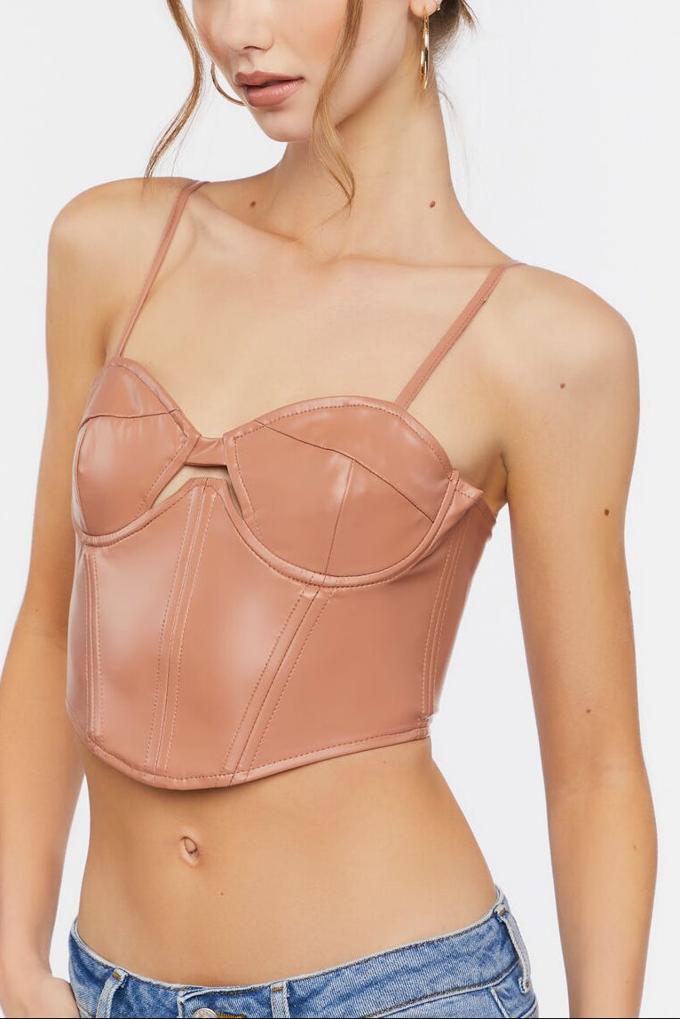  Forever 21 Faux Leather Cutout Bustier Top - cocoa - Bonton