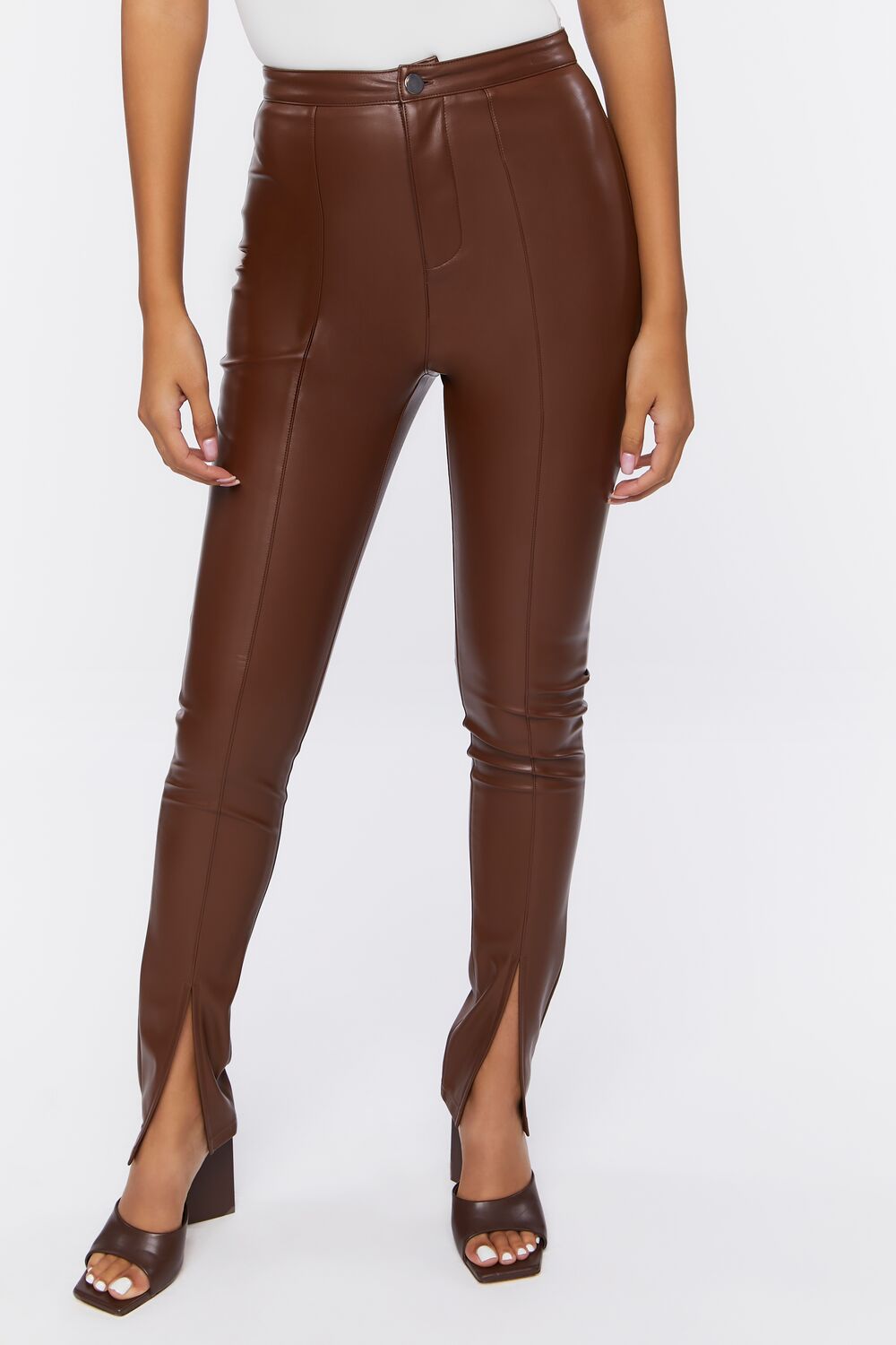  Forever 21 Faux Leather Split-Hem Pants - brown - Bonton