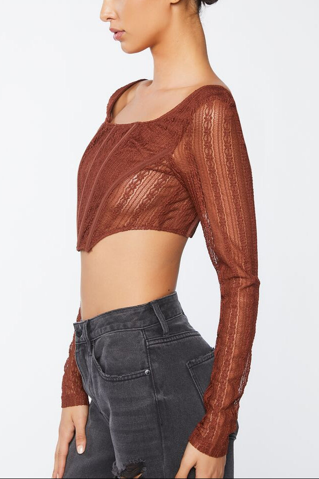  Forever 21 Crochet Lace Long-Sleeve Crop Top - brown - Bonton