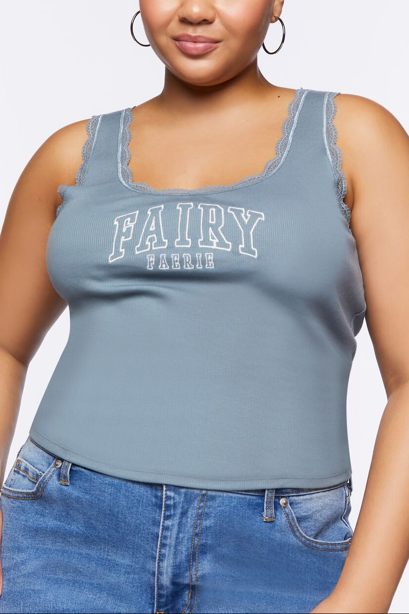  Forever 21 Plus Size Fairy Graphic Tank Top - blue white - Bonton