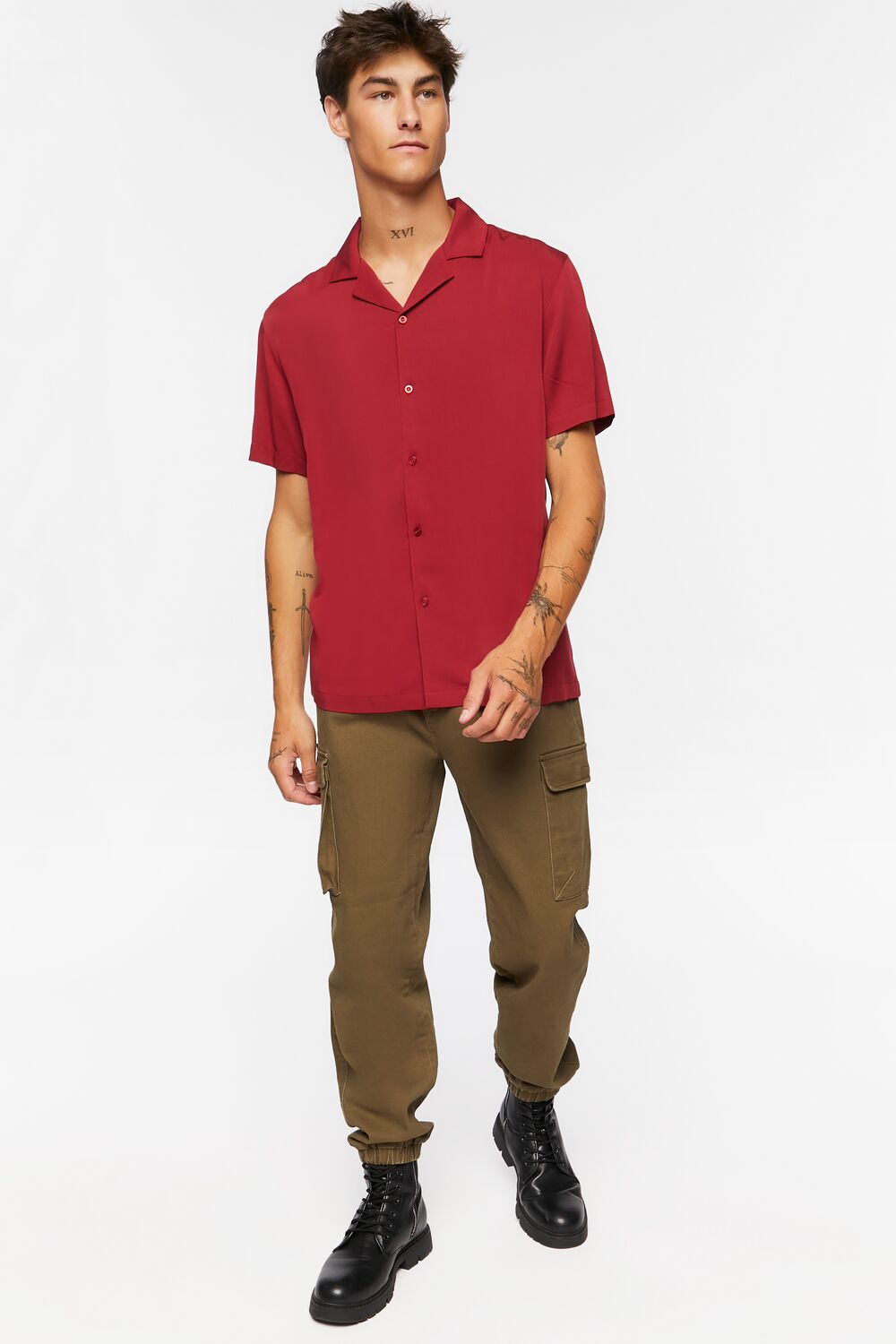  Forever 21 Cuban Collar Shirt - burgundy - Bonton