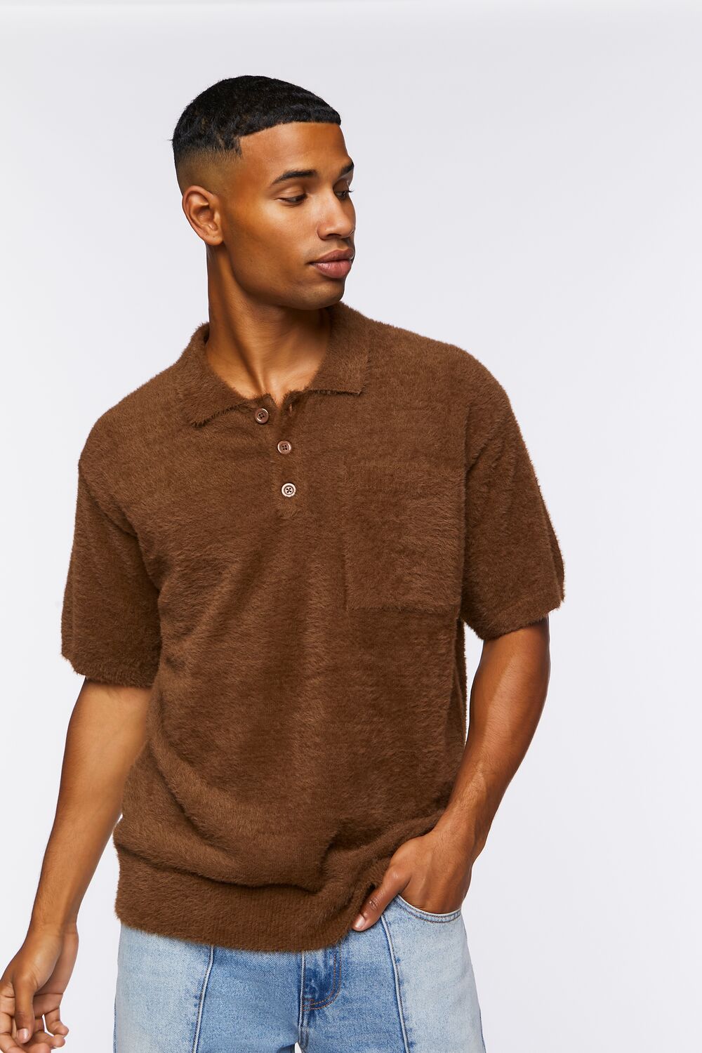  Forever 21 Fuzzy Knit Polo Shirt - brown - Bonton
