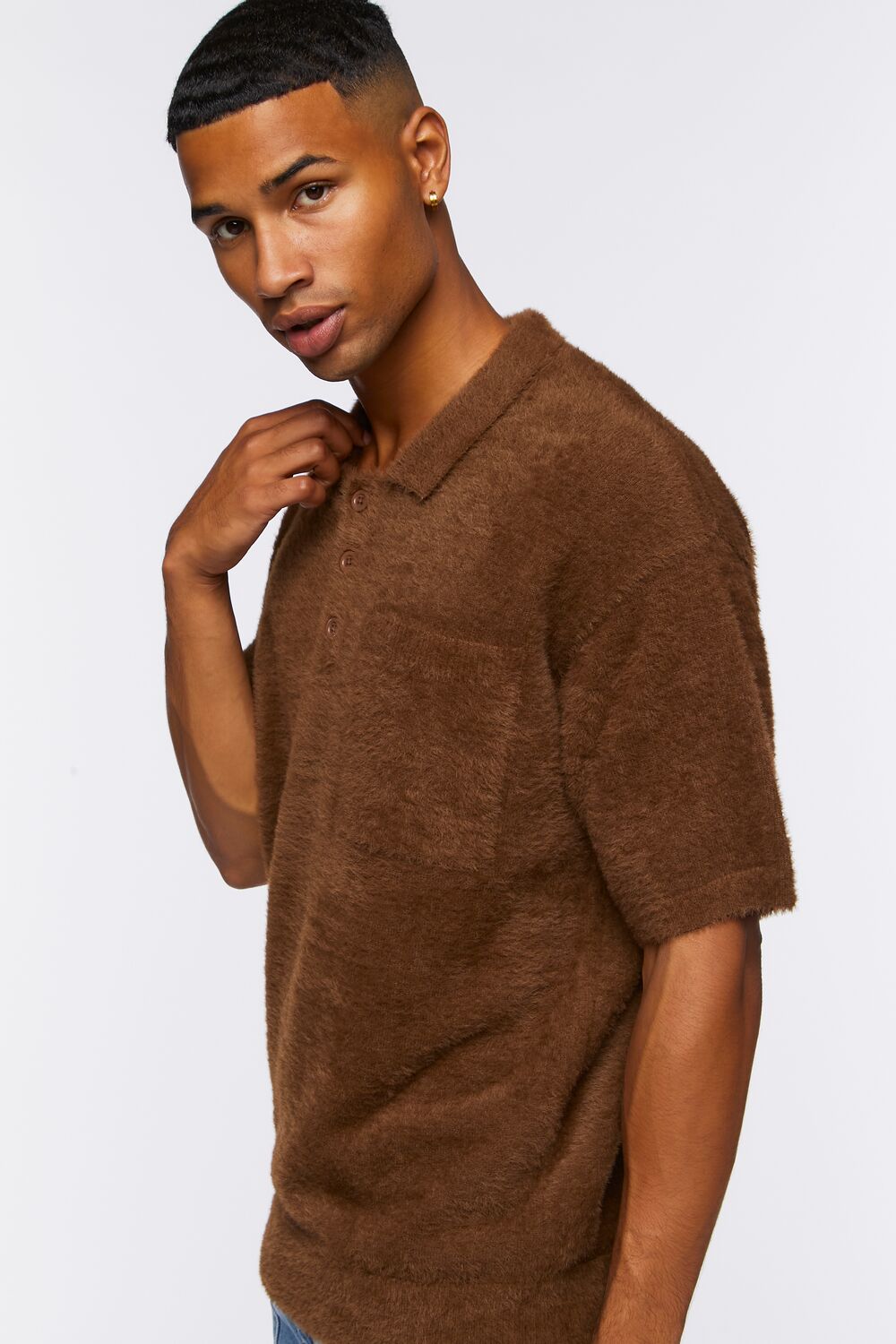  Forever 21 Fuzzy Knit Polo Shirt - brown - Bonton