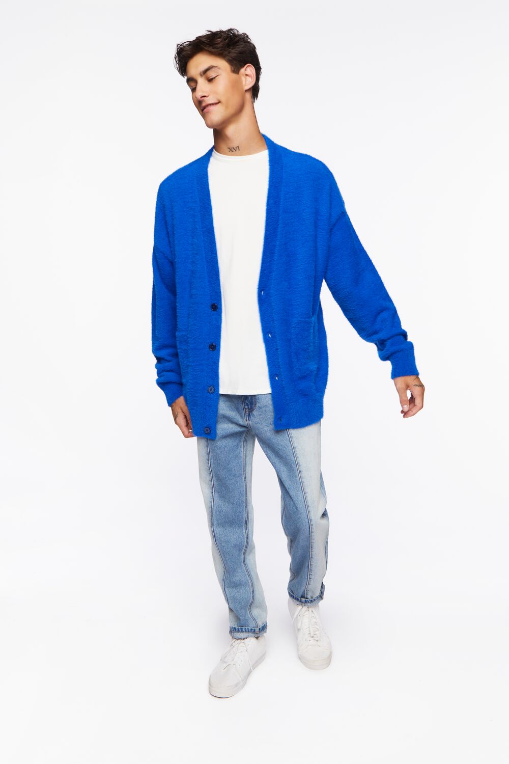  Forever 21 Fuzzy Knit Cardigan Sweater - blue - Bonton