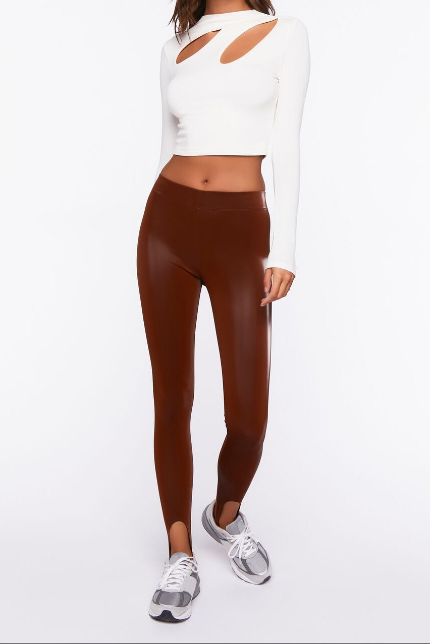  Forever 21 Faux Leather Stirrup Leggings - chocolate - Bonton