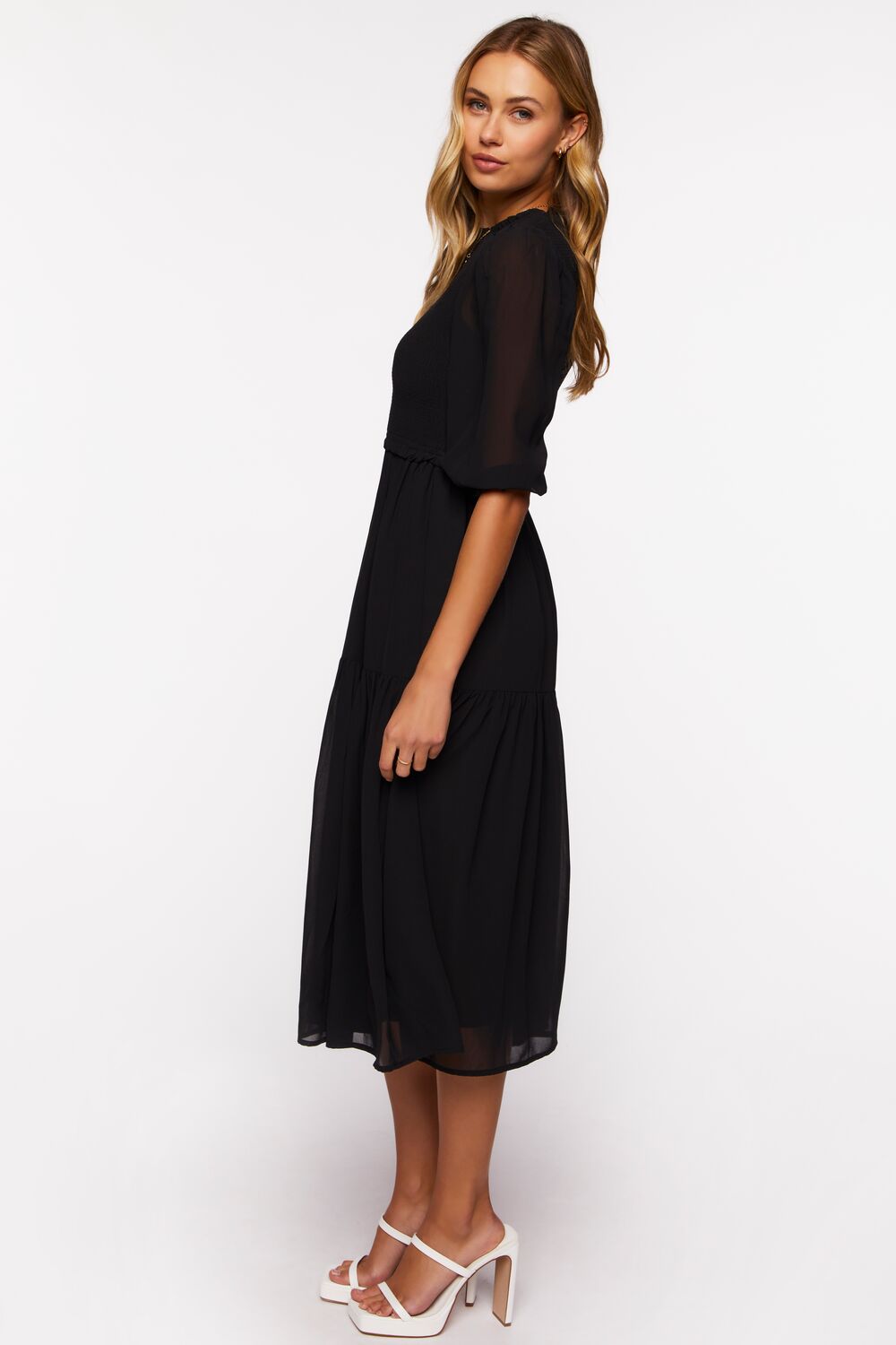  Forever 21 Smocked Chiffon Peasant-Sleeve Dress - black-swatch - Bonton