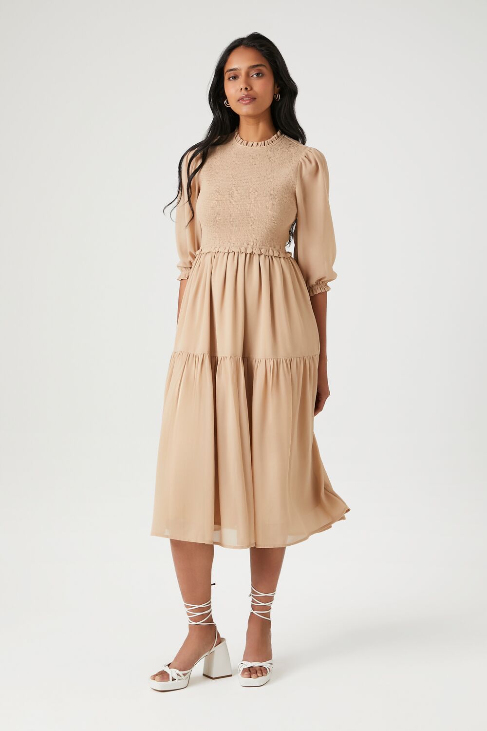  Forever 21 Smocked Chiffon Peasant-Sleeve Dress - black-swatch - Bonton